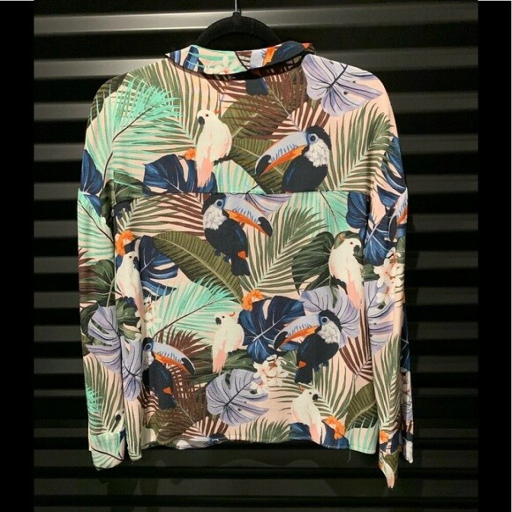 ZARA Tropical Birds Toucan Cockatoo Collared Shirt Blouse - Picture 14 of 16